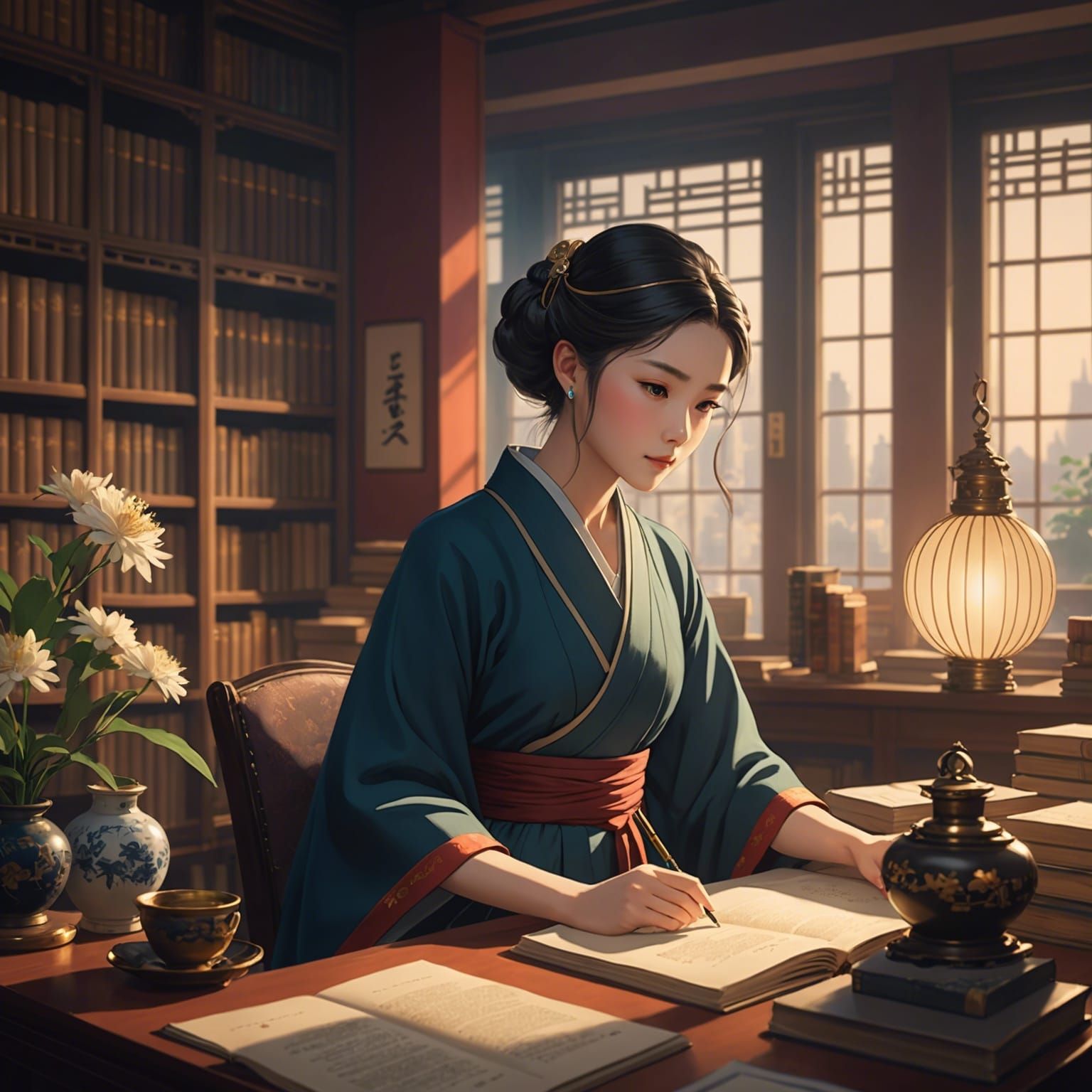 Elegant Woman in Traditional Dress: Anime-Inspired Art