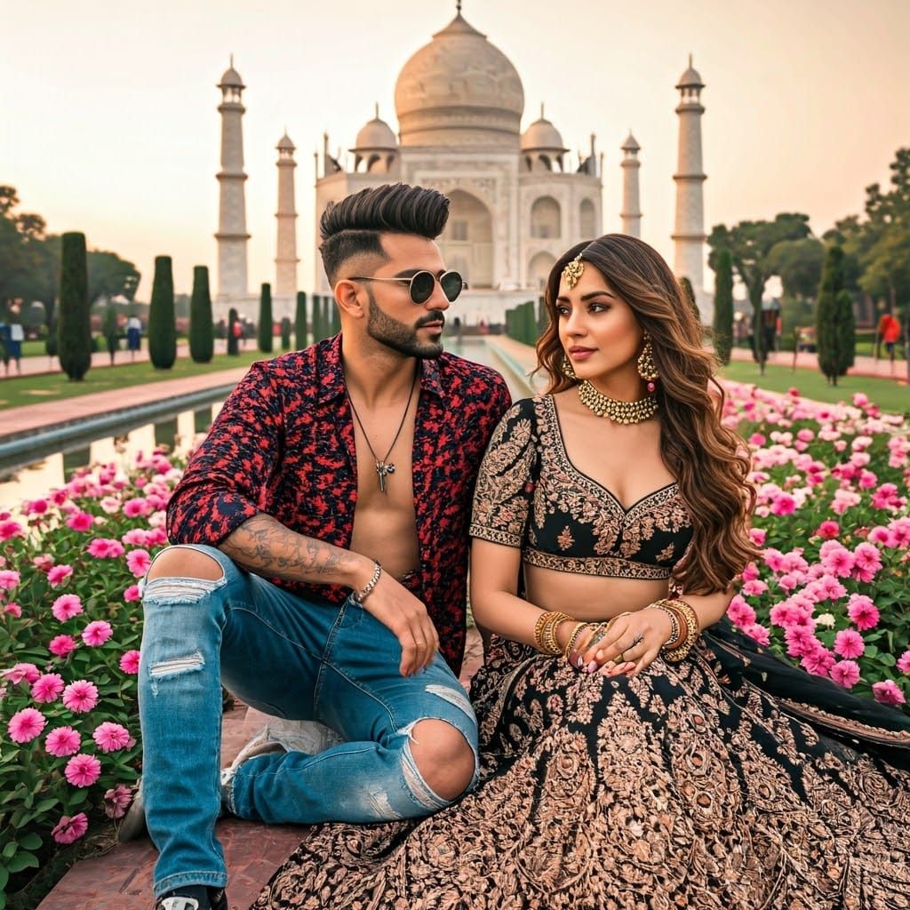 Romantic Couple in Lush Pink and White Bloom with Taj Mahal...