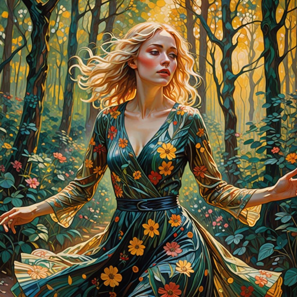 Dreamlike Goddess in Vibrant Forest Landscape