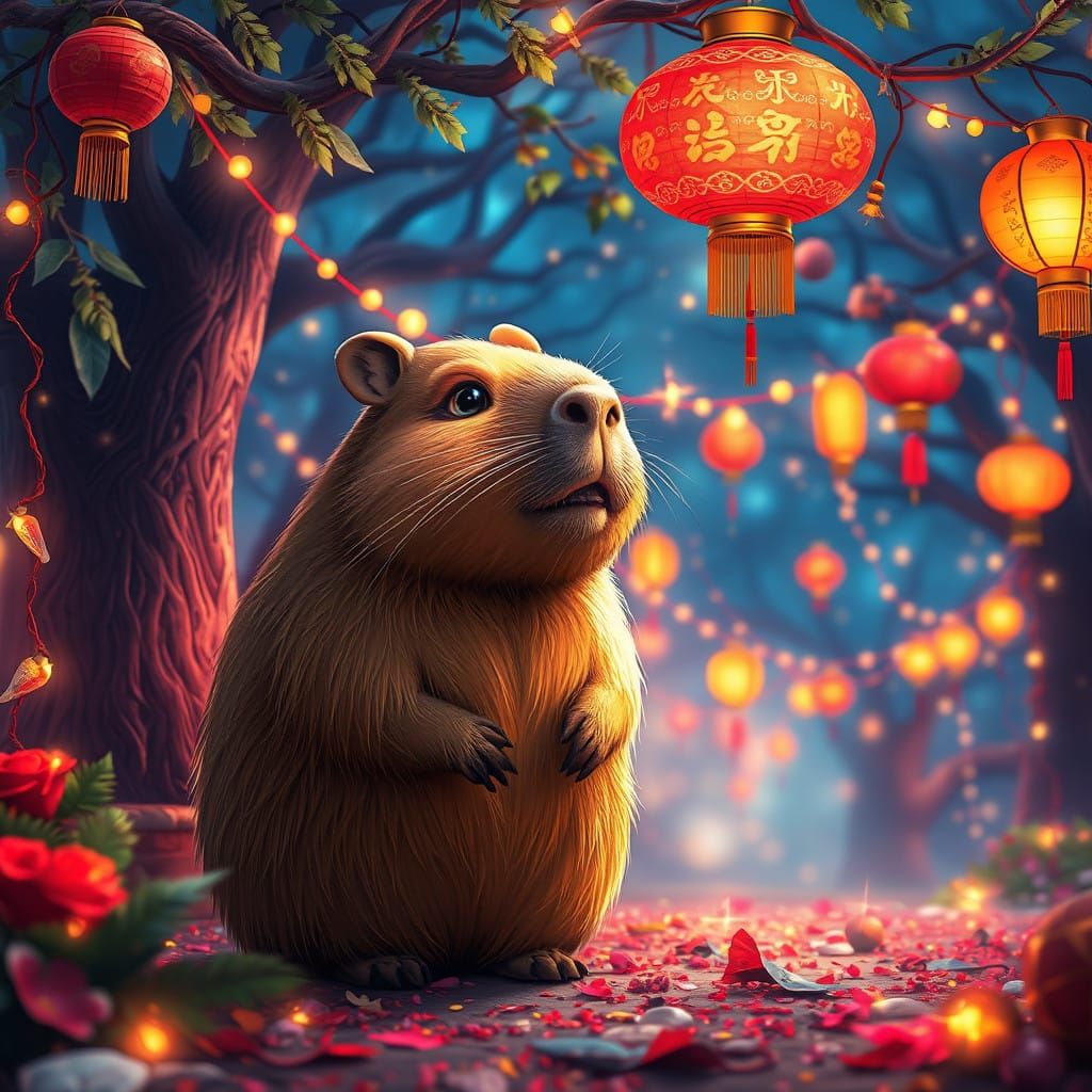 Whimsical Capybara Amidst Vibrant New Year's Celebration in...
