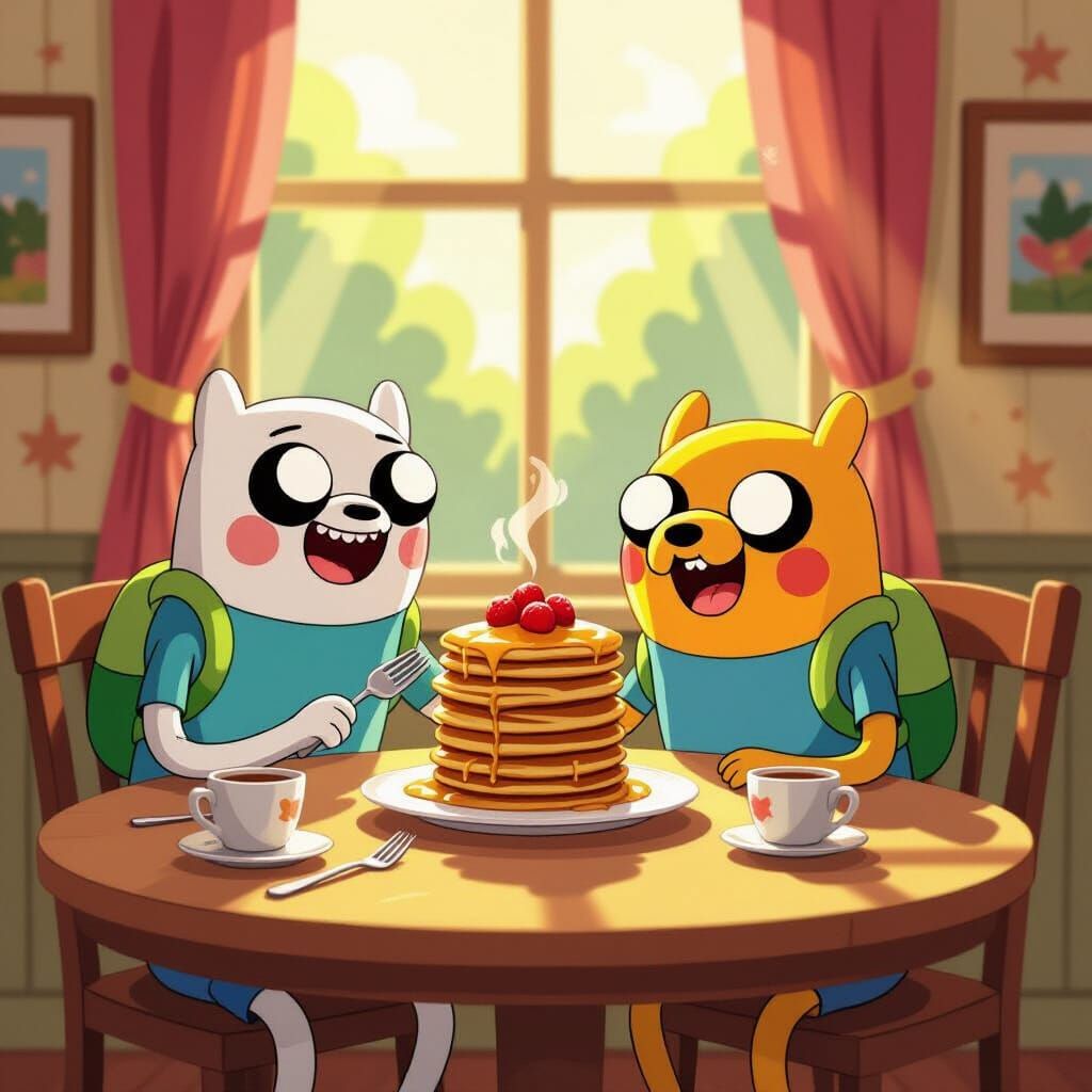 Finn and Jake Enjoy Pancakes in Sunny Adventure Time Scene