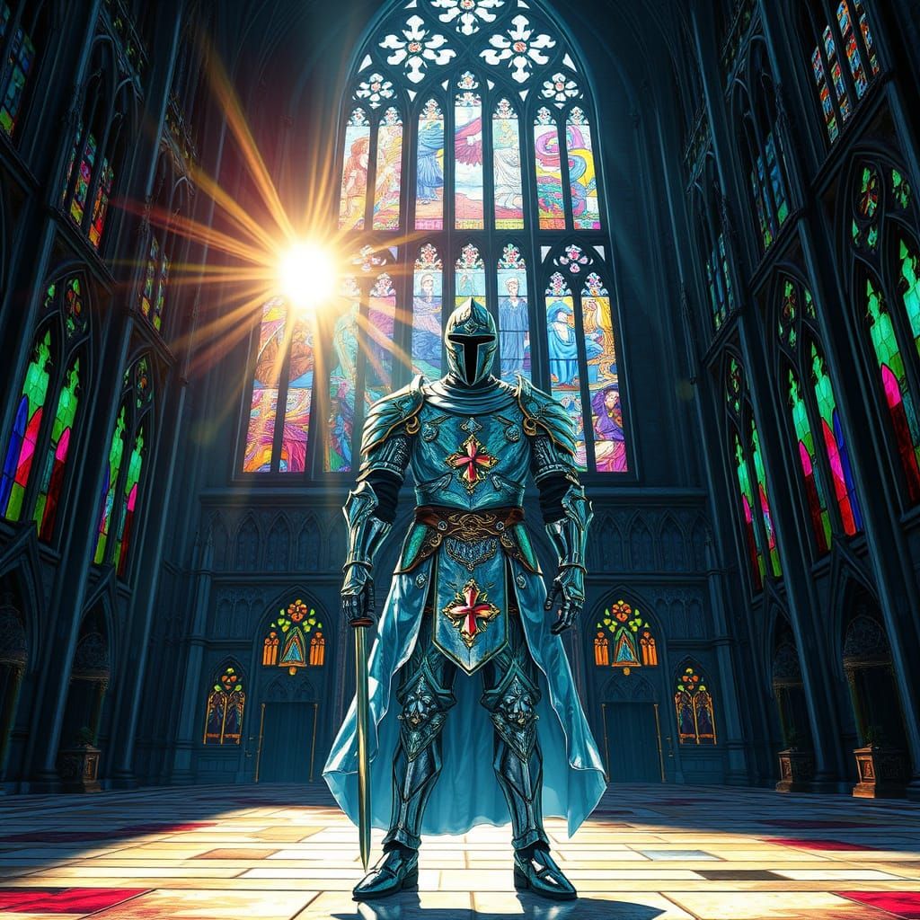 Knight in Crystalline Armor Guards Stained Glass Cathedral