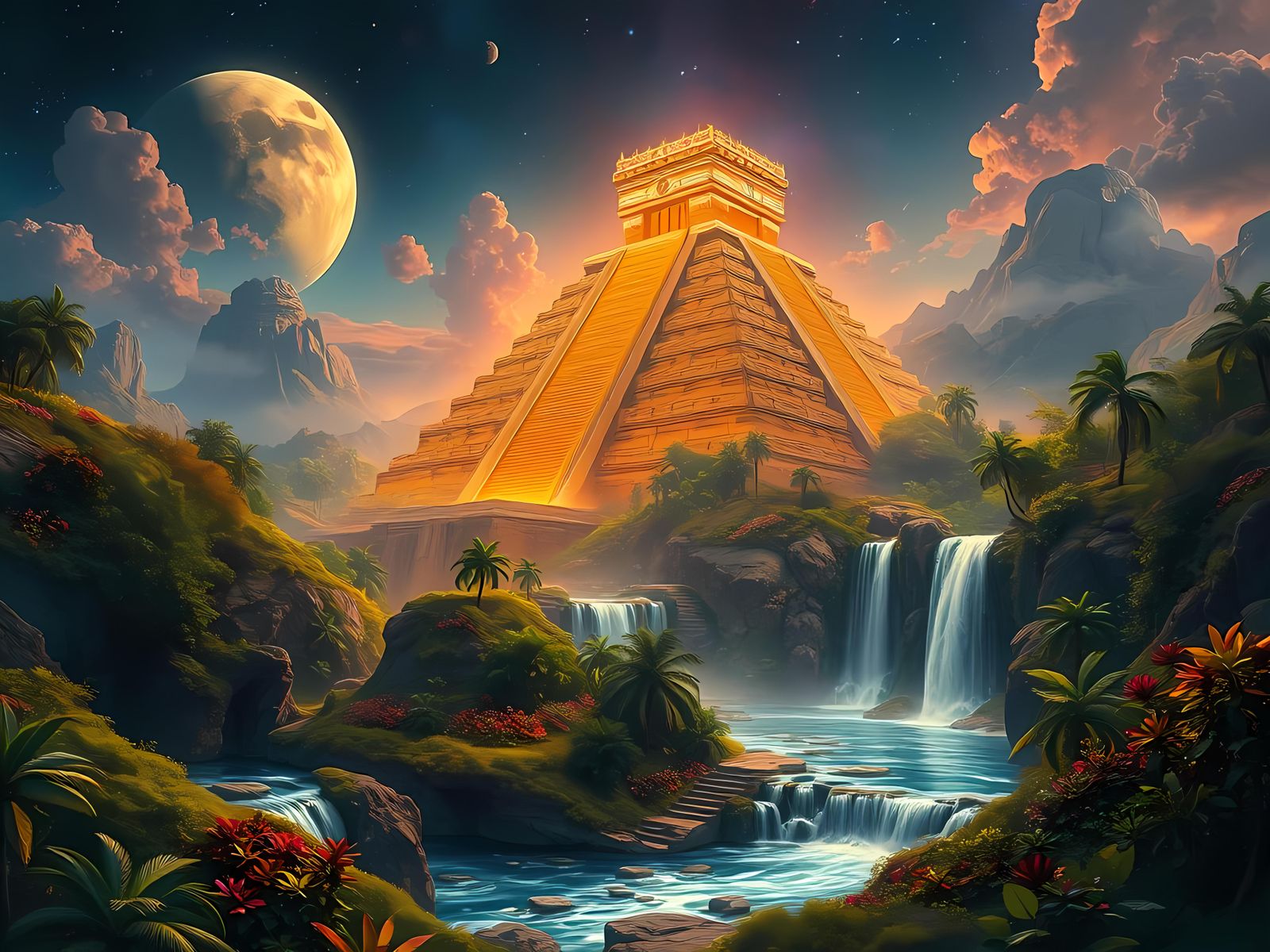 Sci-Fi Aztec Temples in Lush Jungle Landscape