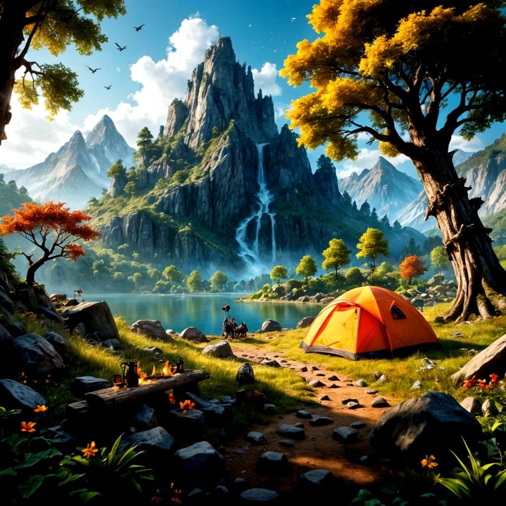 Fantastical Camping Scene in Deep, Complementary Colors