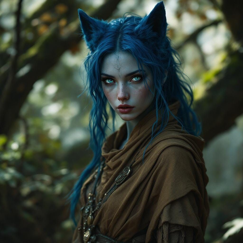 Blue Wolf Girl in Earth Tones, Dramatic Lighting