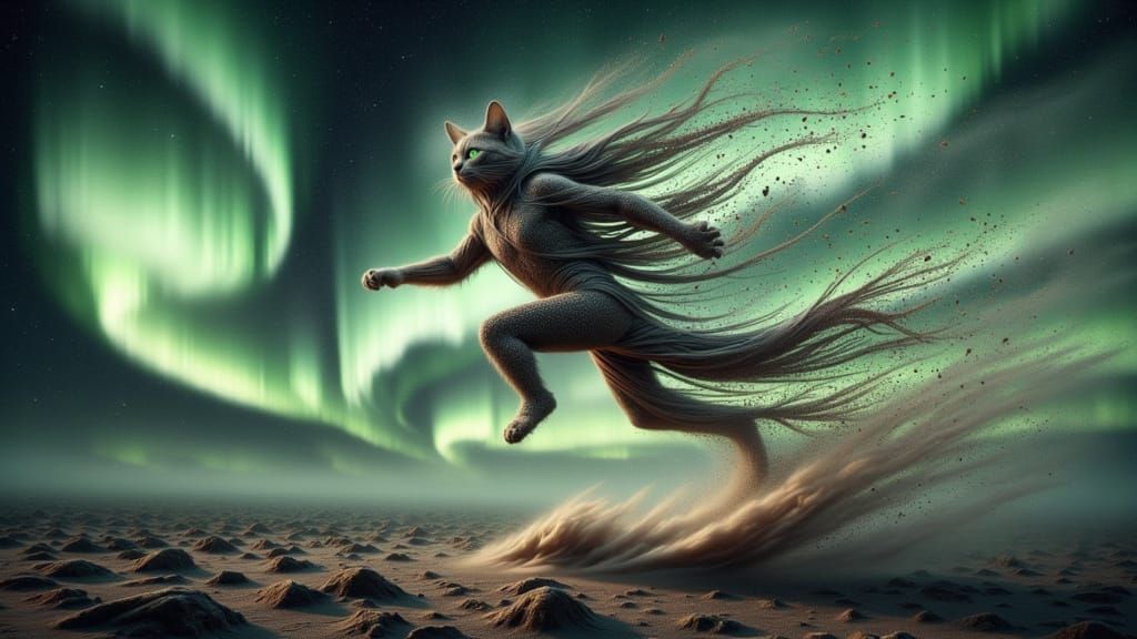 Cosmic Cat in Mid-Pounce, Swirling Stardust and Aurora Borea...