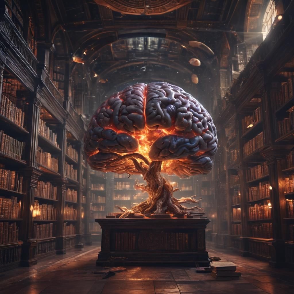 Mystical Brain Library with Glowing Spirits