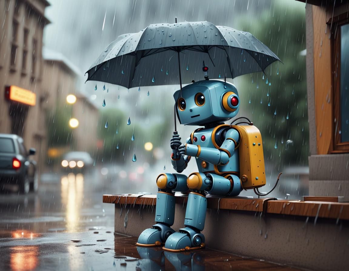 Cute Robot in Rain, Dreamy Digital Art