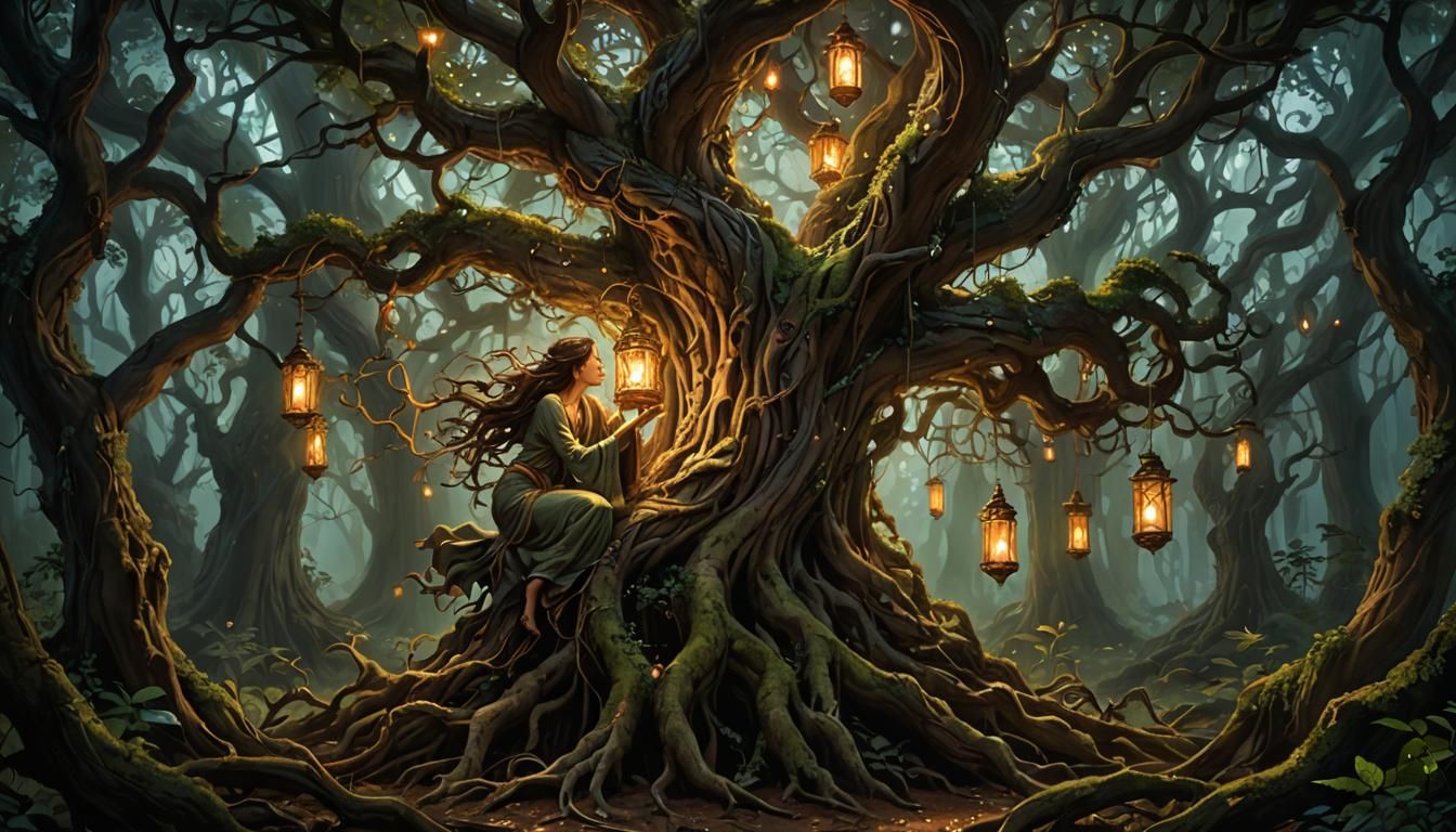 Entwined Woman and Tree in Mystical Forest