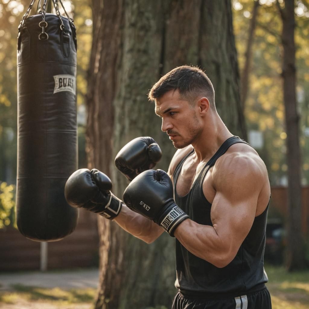Focused Slavic Boxer Training Outdoors in Sunlight