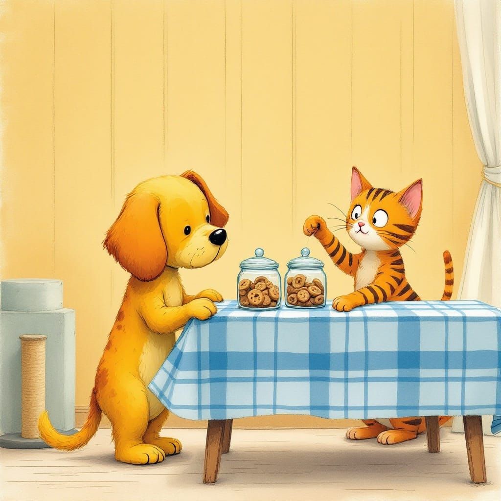 Whimsical Illustration of Curious Animals by a Table