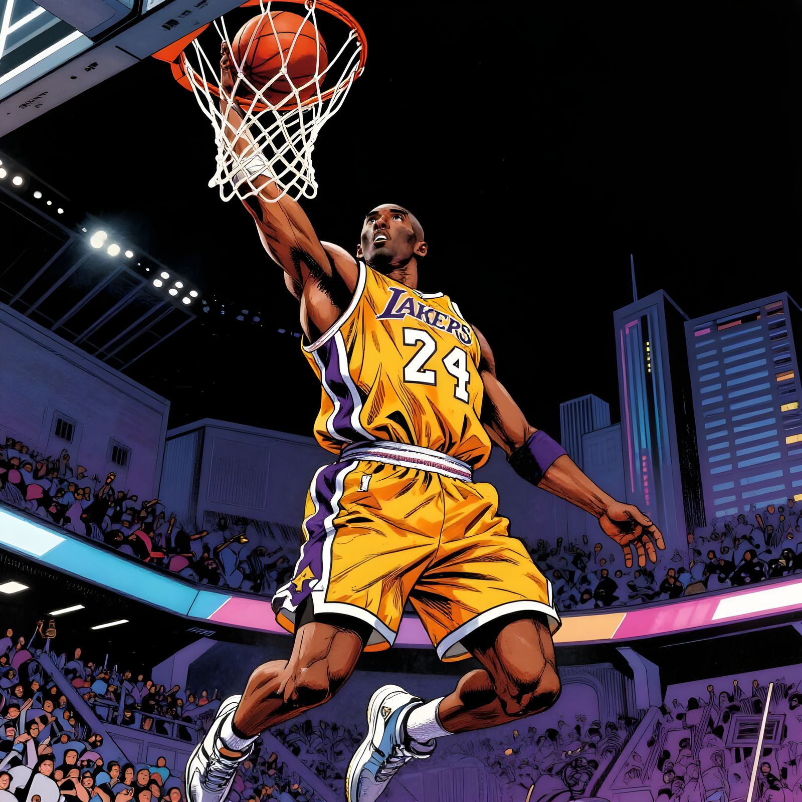 Superhero Kobe Bryant Slam Dunk in 80s Comic Style