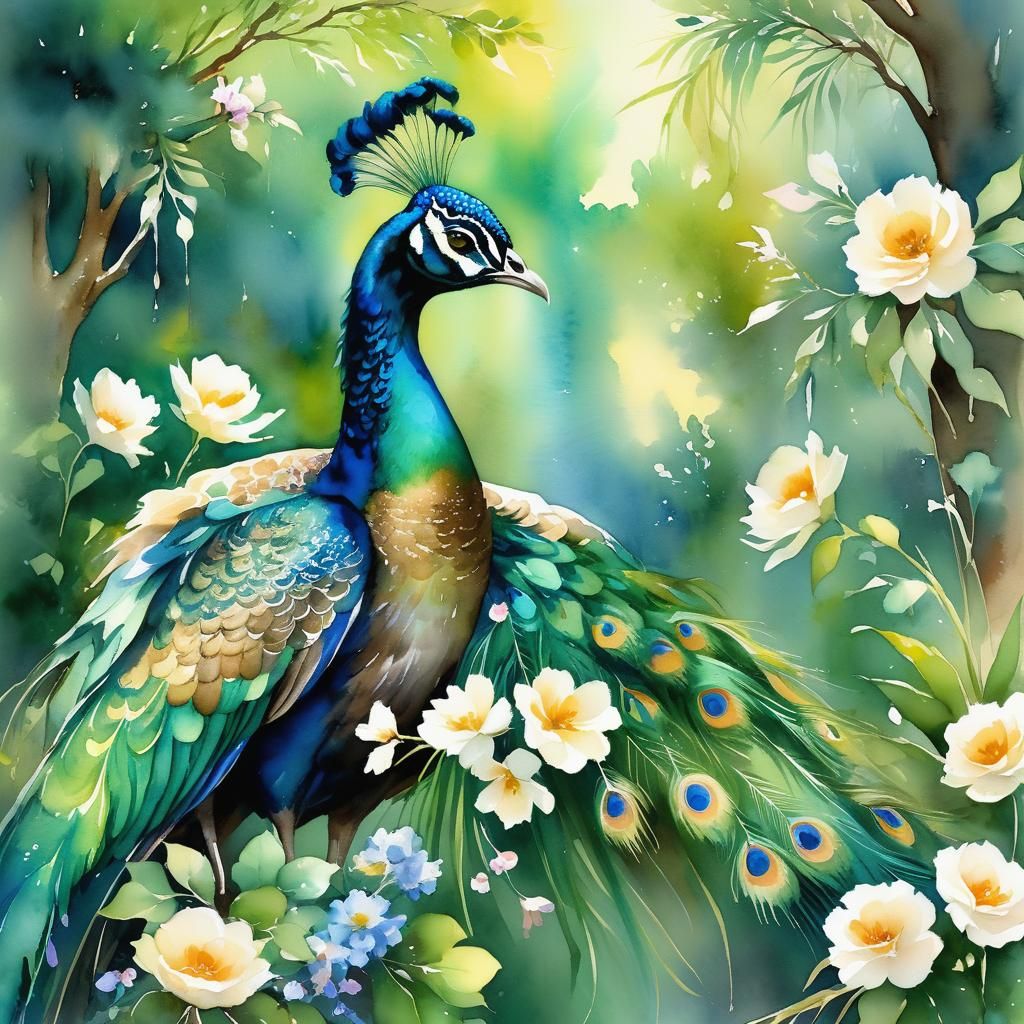 Peacock Drinks in Garden: Watercolor Painting