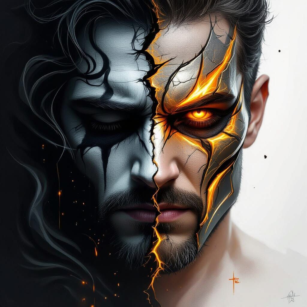 Man's Face Transforms from Sadness to Strength in Dark Fanta...