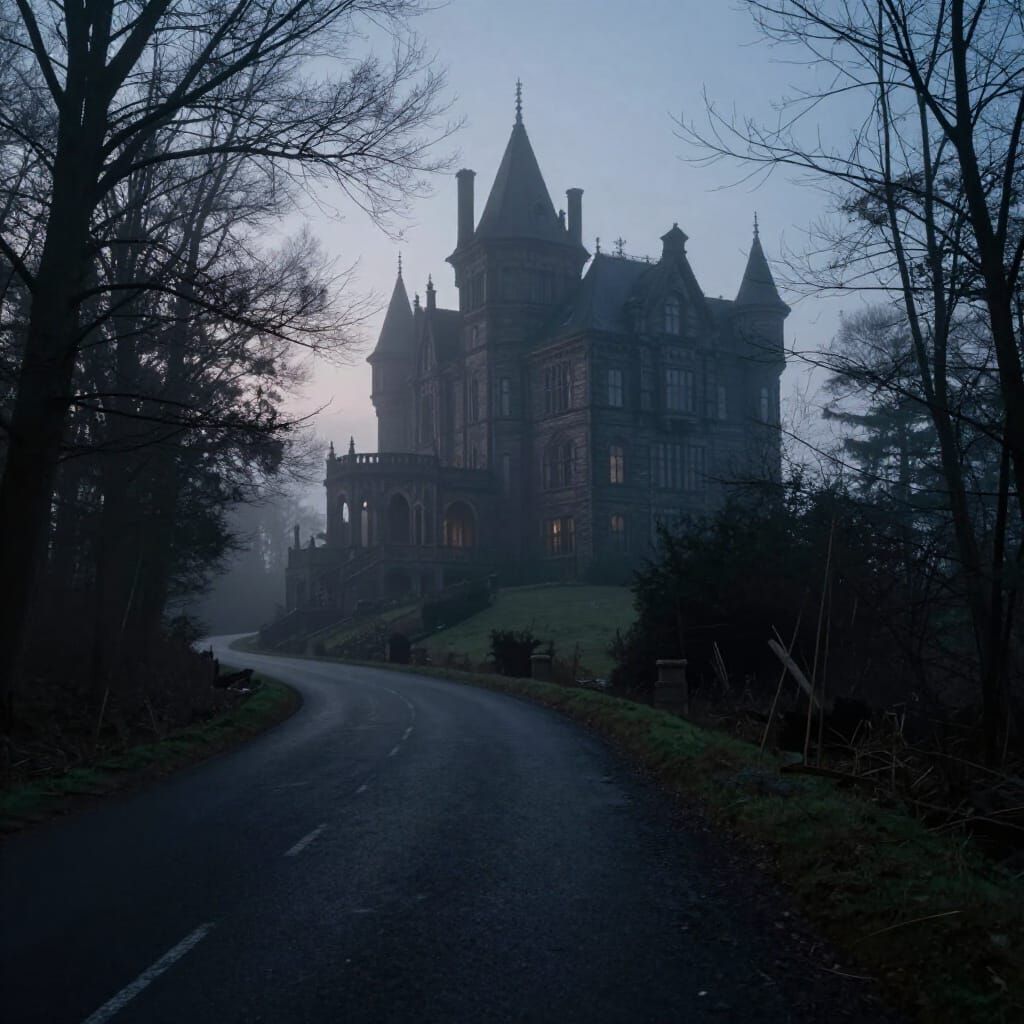 Gothic Castle in Foggy Forest at Twilight