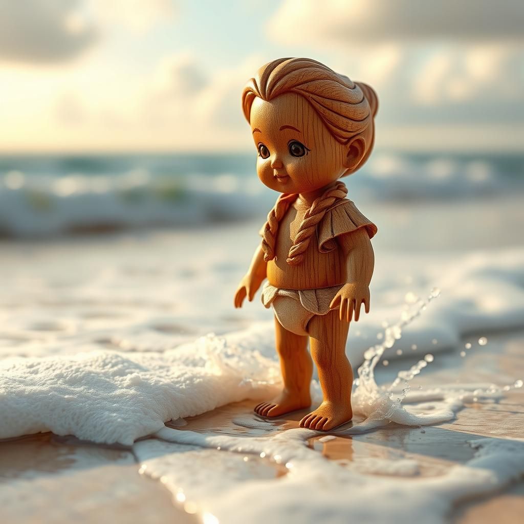 Intricately Carved Wooden Moana Figurine on Beach