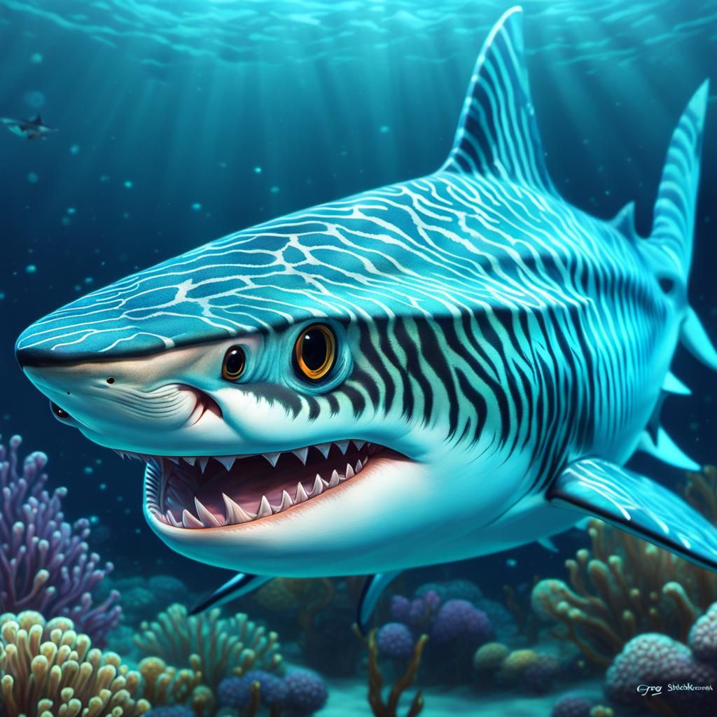 Friendly Turquoise Tiger Shark in Anime Style