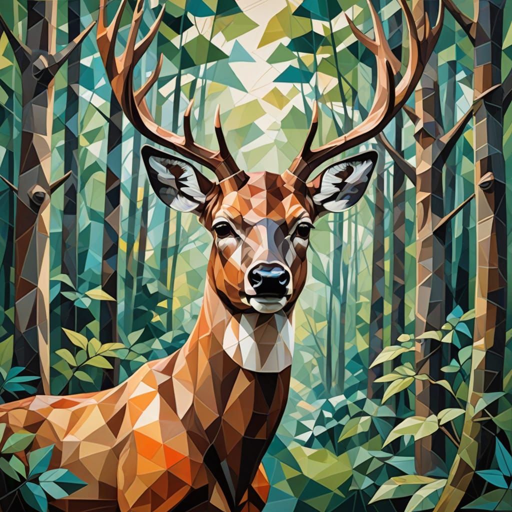 Geometric Cubist Portrait of a Deer in a Forest