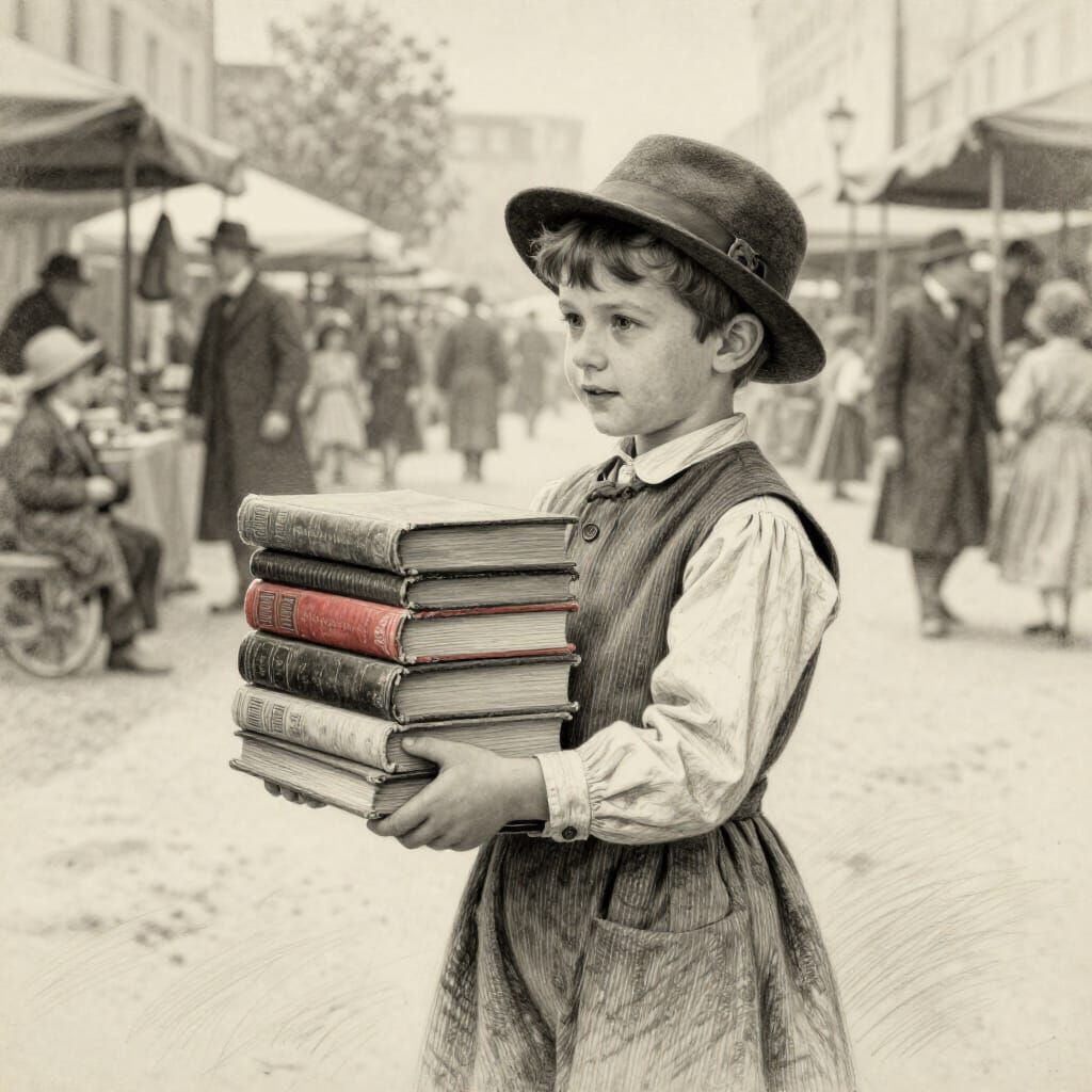 Child in 1920s Market Holding Books in Pencil Sketch Style