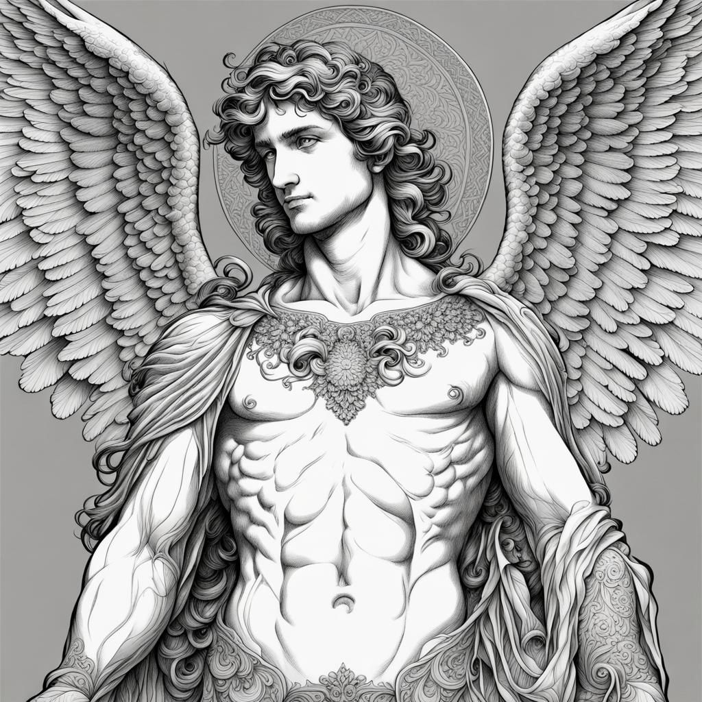 Detailed Line Art of a Male Angel