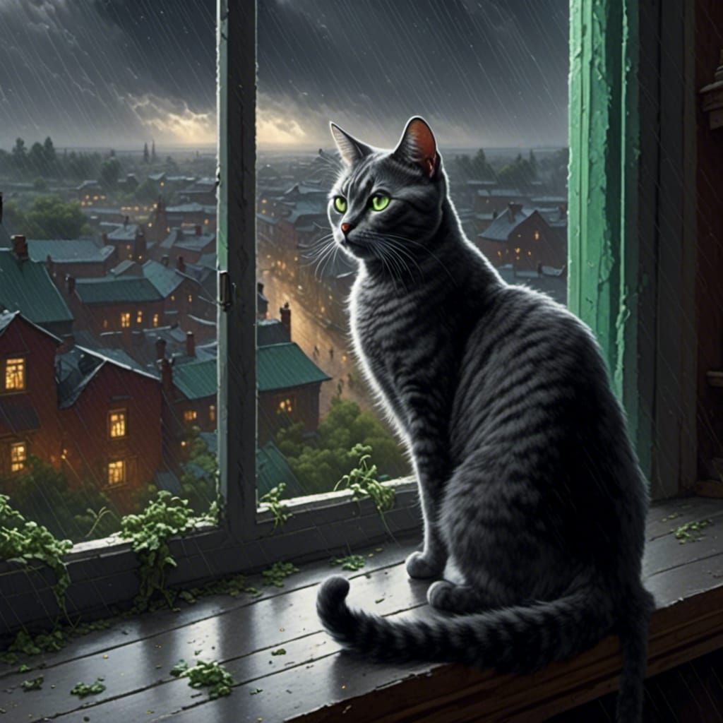 Cat Gazing at Storm in Animation Style