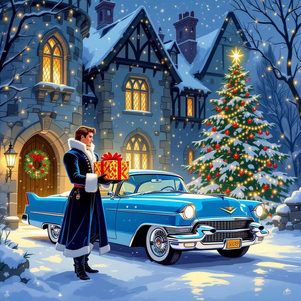 Prince Arrives Christmas Castle in Blue Cadillac with Gift