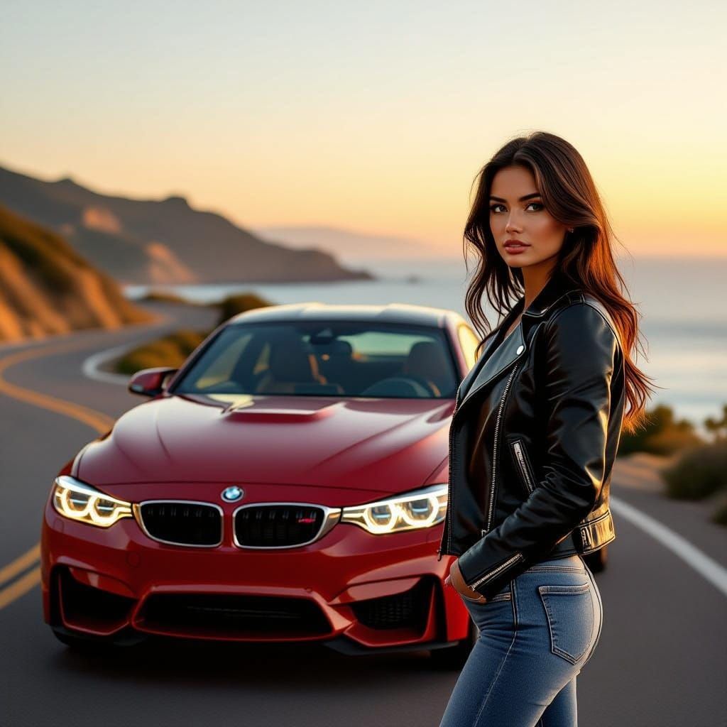 Red BMW Sports Car with Woman on Coastal Road at Sunset