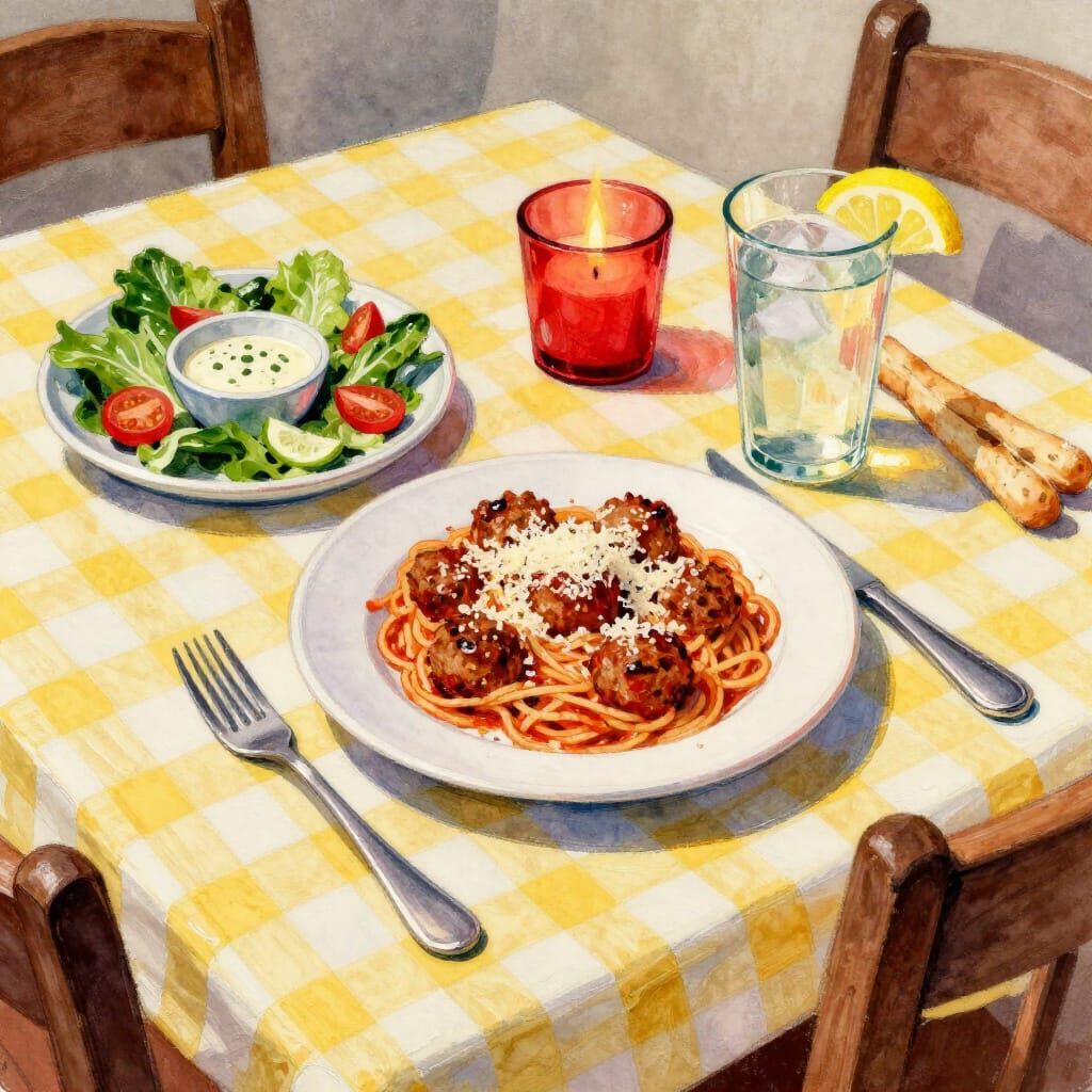 Watercolor Dinner Scene: Spaghetti, Salad, and Candlelight