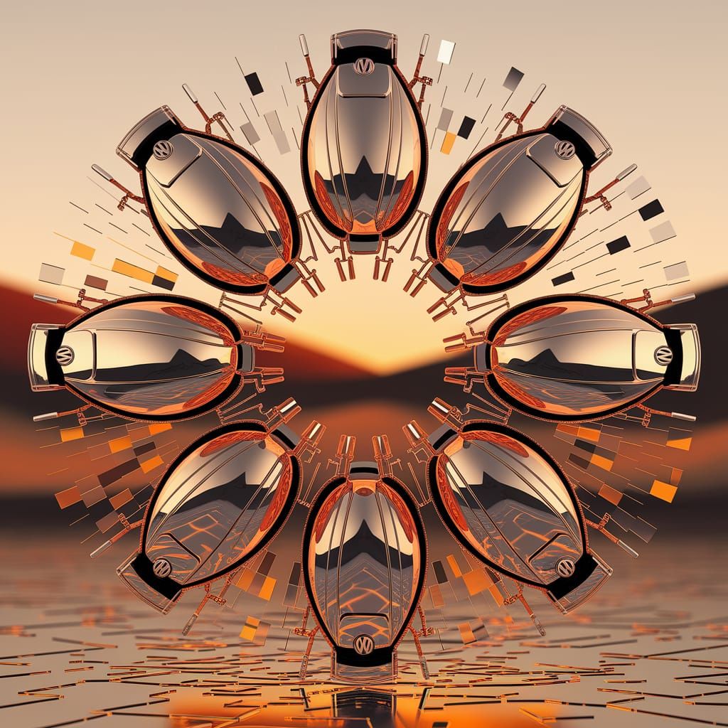 Glass VW Beetles Radiating Light in Mirrored Mosaic