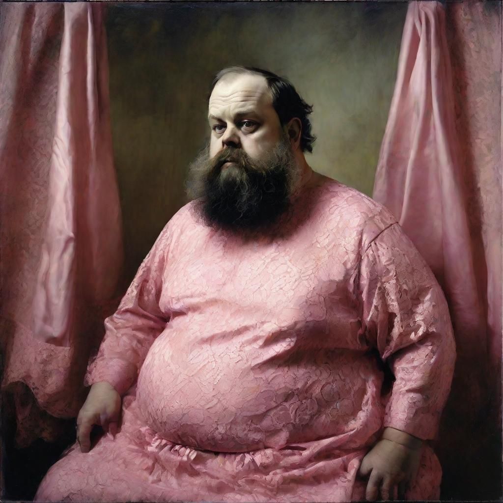 Grotesque Bearded Man in Pink Dress, Oil Painting