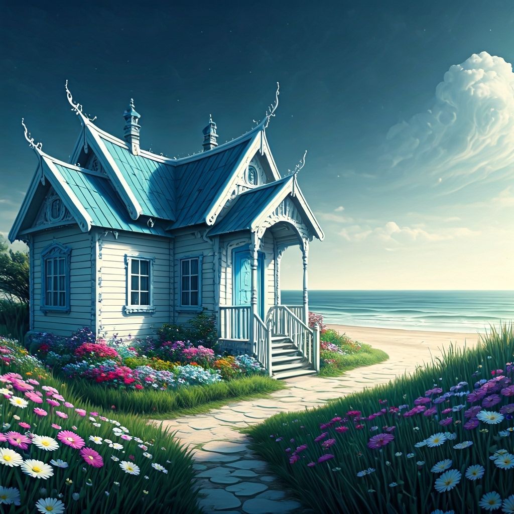 Whimsical Cottage by the Sea in Matte Painting Style