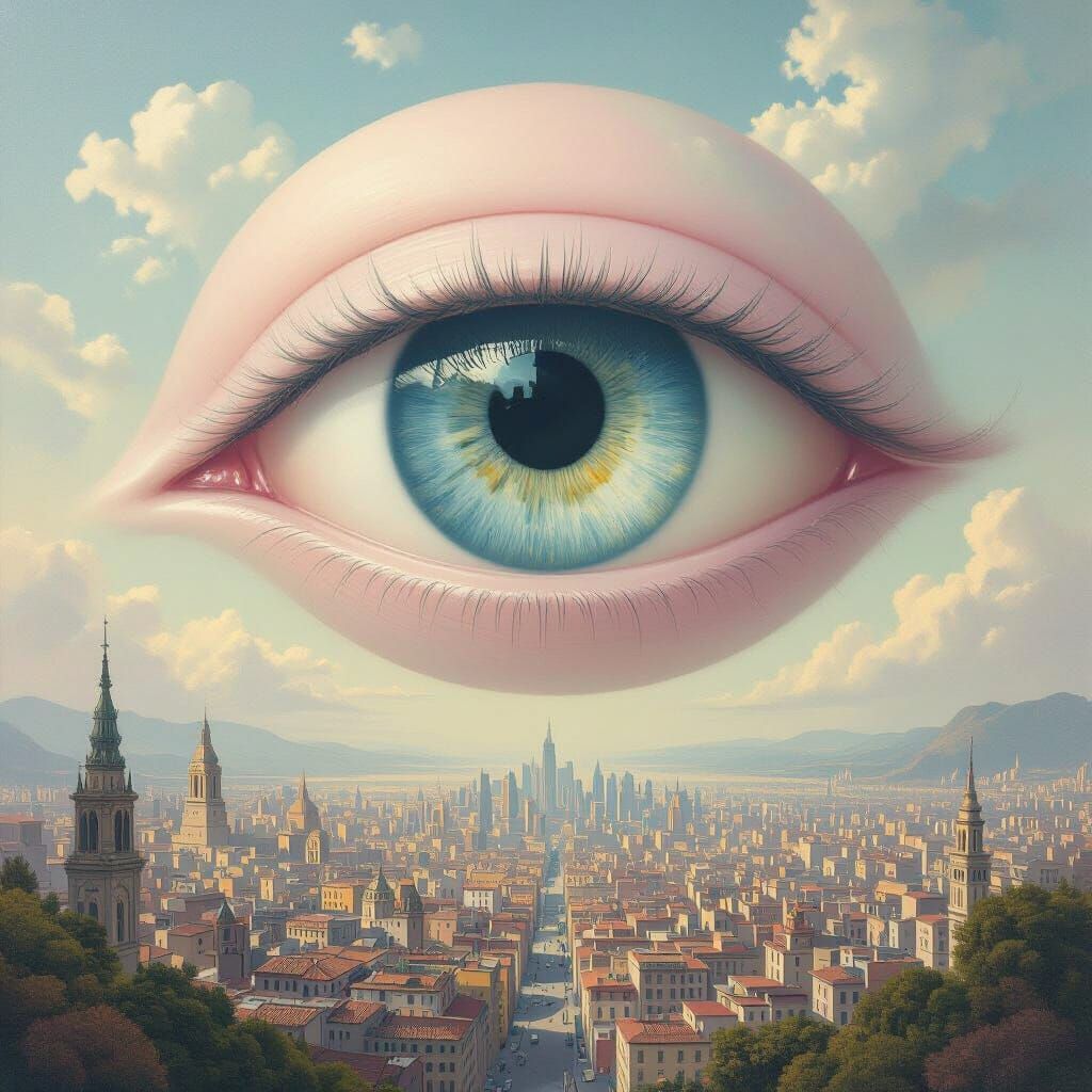 Gigantic Eye Over City Reflection in Soft Pastel Dreamscape