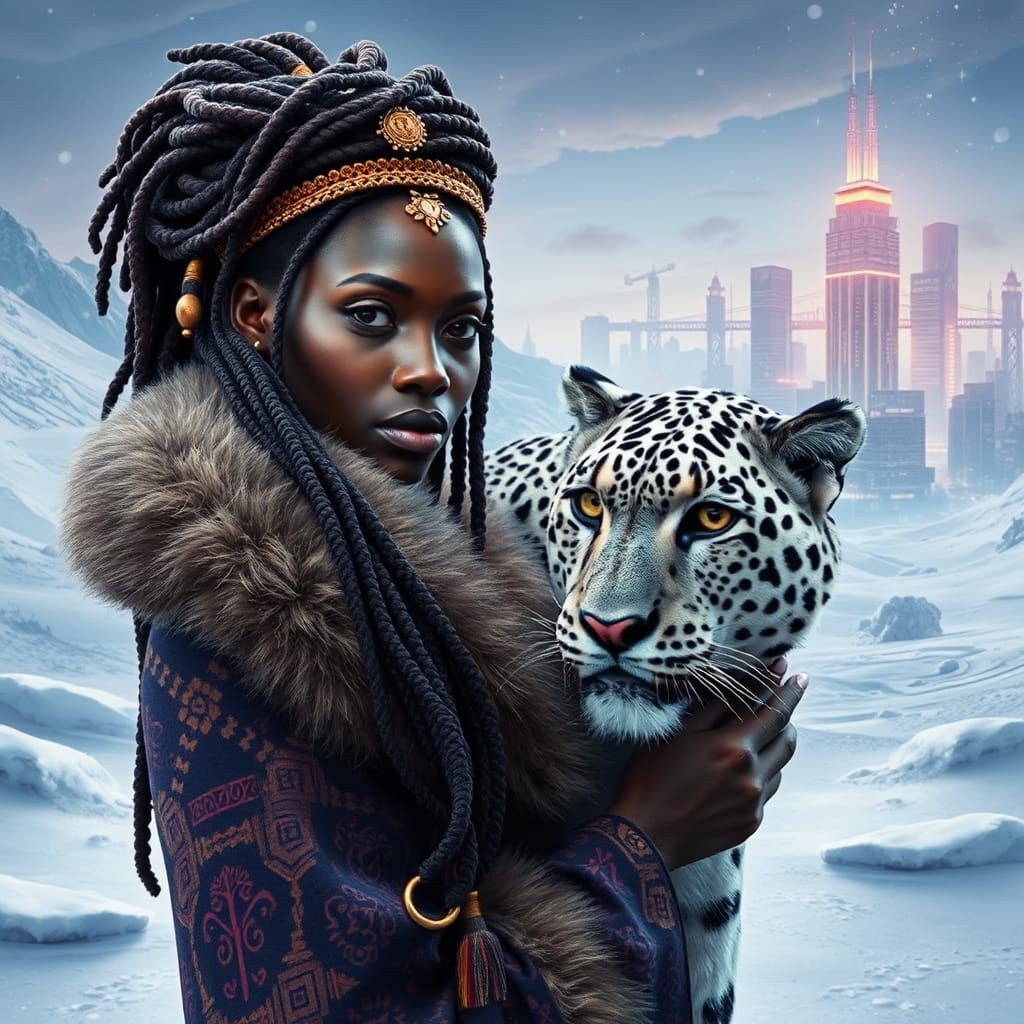 African Woman and Snow Leopard in Cyberpunk Landscape