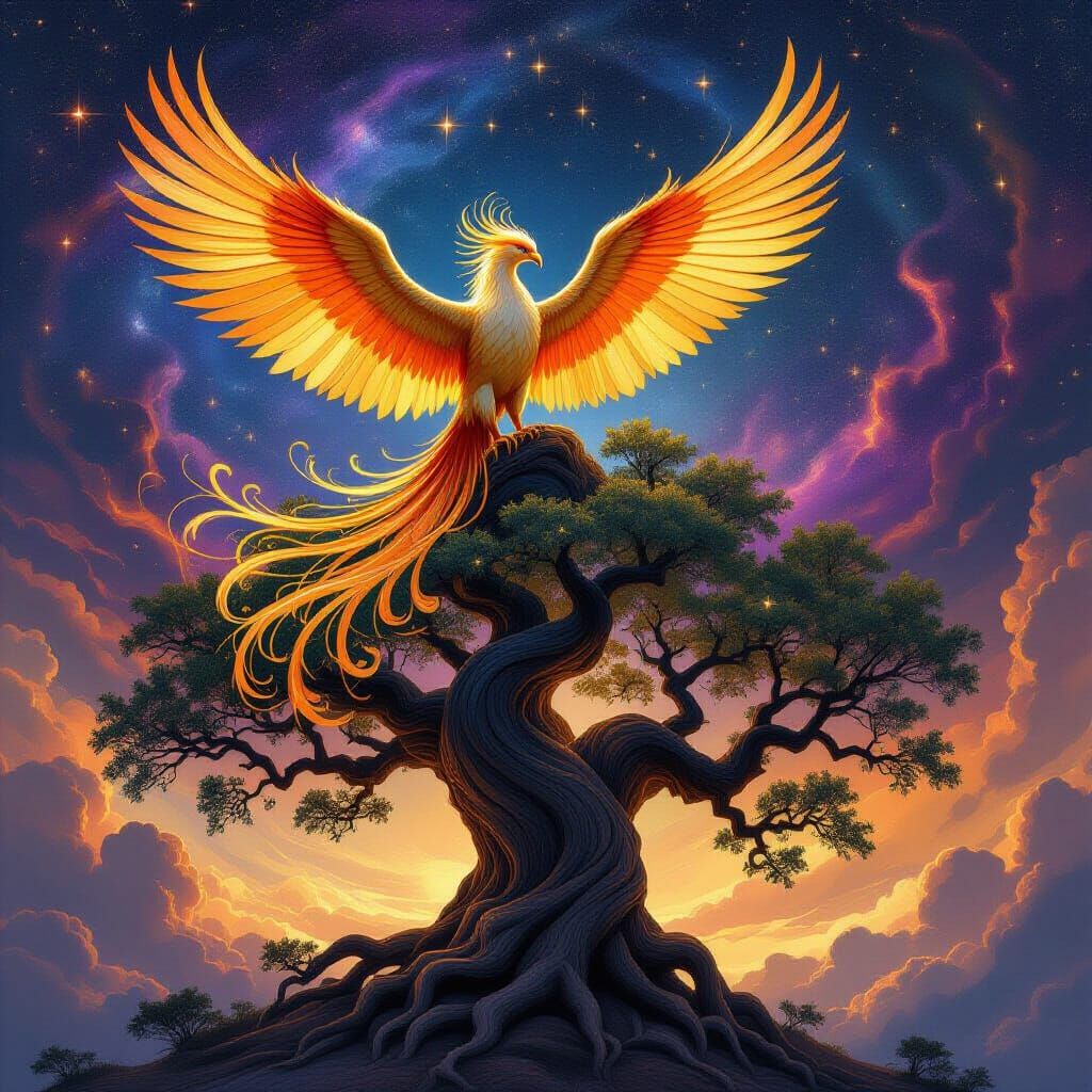 Golden Phoenix on Ancient Tree with Nebula