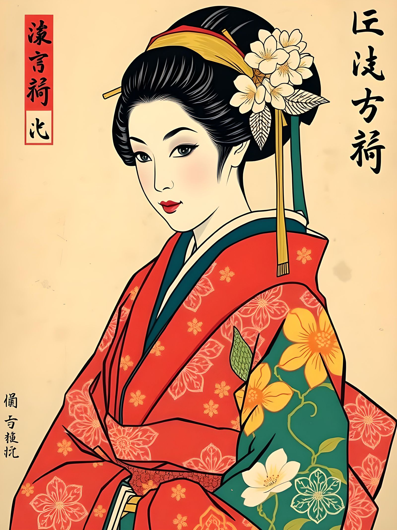 Geisha Portrait in Japanese Woodblock Print Style
