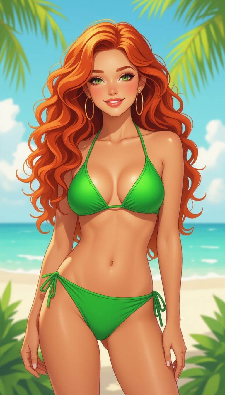 Redhead in Green Bikini, Loish-Style Illustration