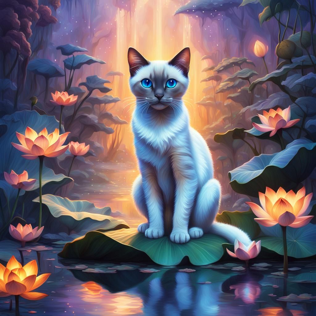 Siamese Cat on Luminous Lotus: Fantasy Art