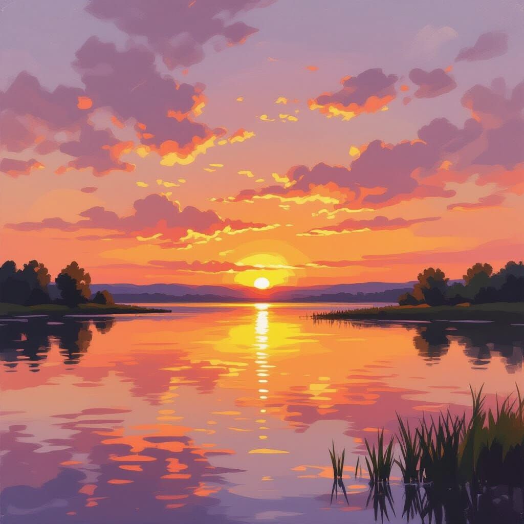 Impressionist Sunset Over Reflecting Lake