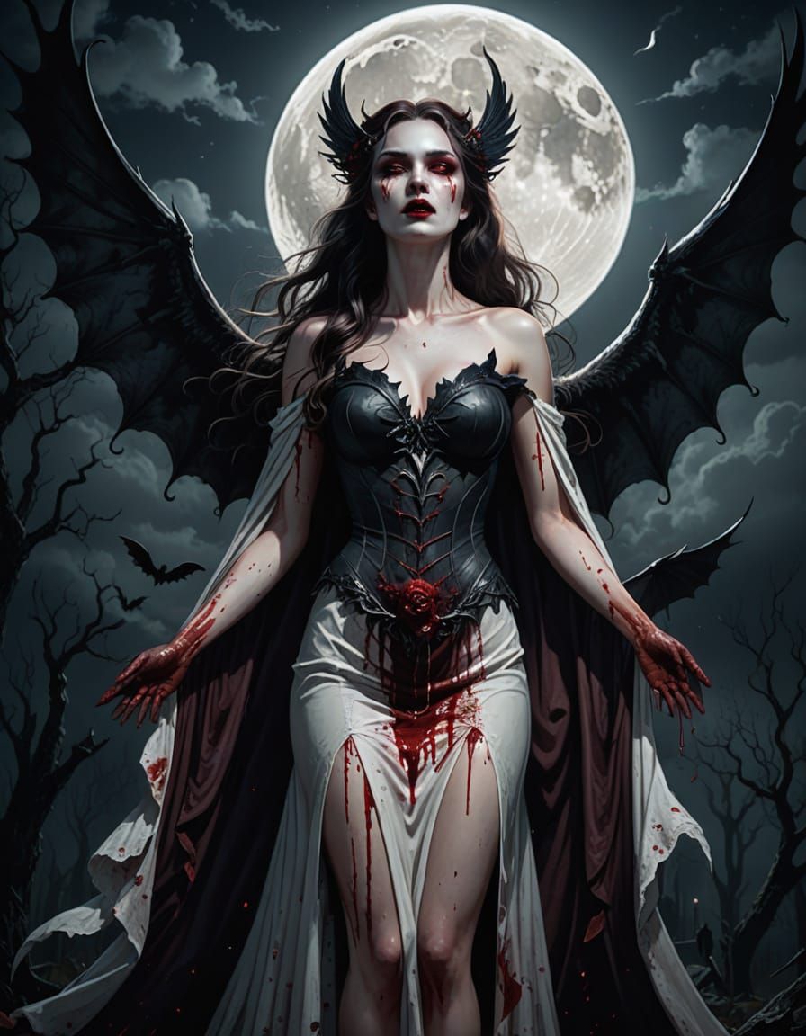 Winged Vampiress Goddess Under Full Moon