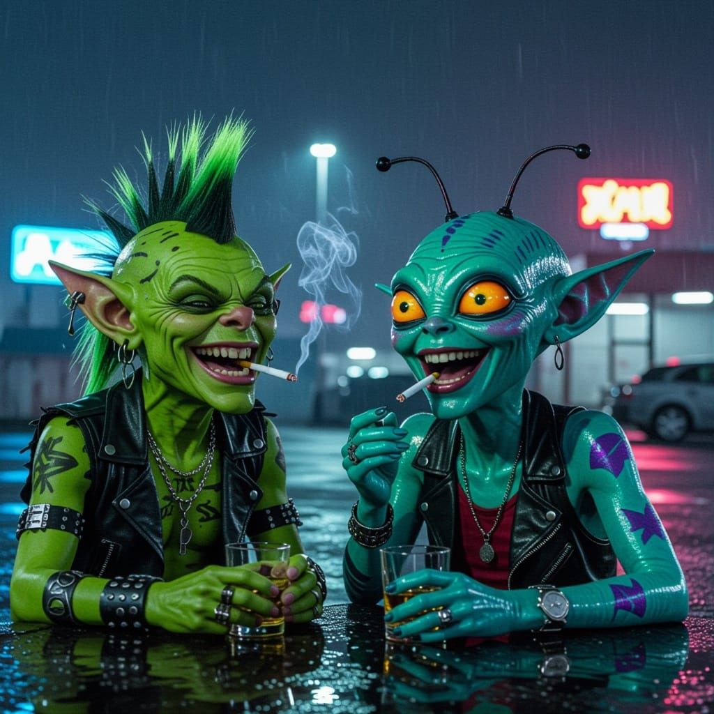 Goblin and Alien Laughing in Night Car Park