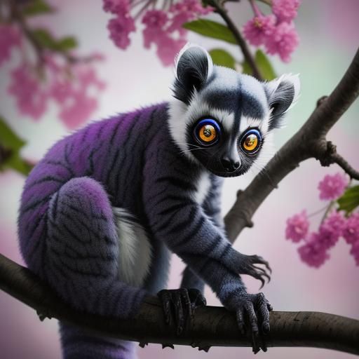 Iridescent Lemur on Flowering Tree: Hyperrealistic Image