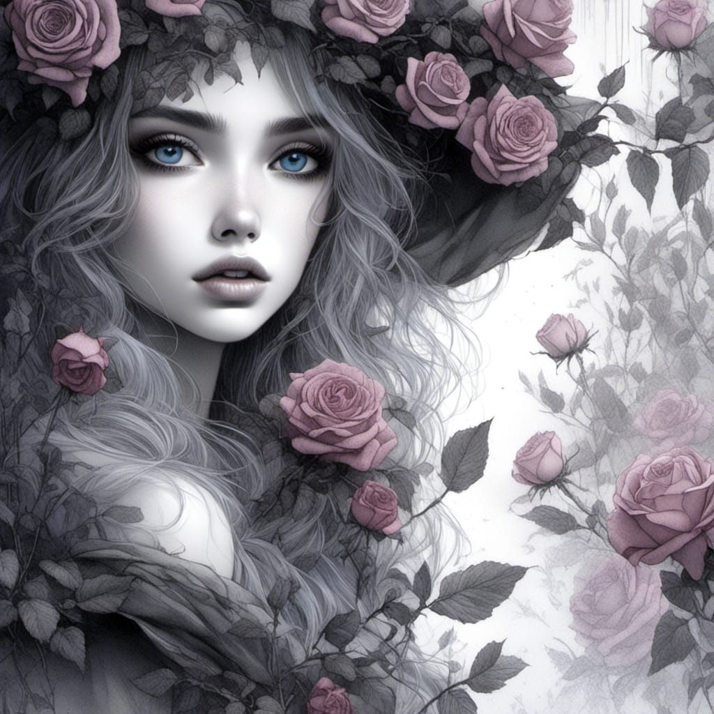 Detailed Sketch of a Lavender Rose with Blue Highlights