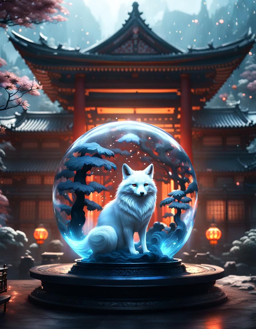 Epic Kitsune in Glass Orb: Japanese Temple Art