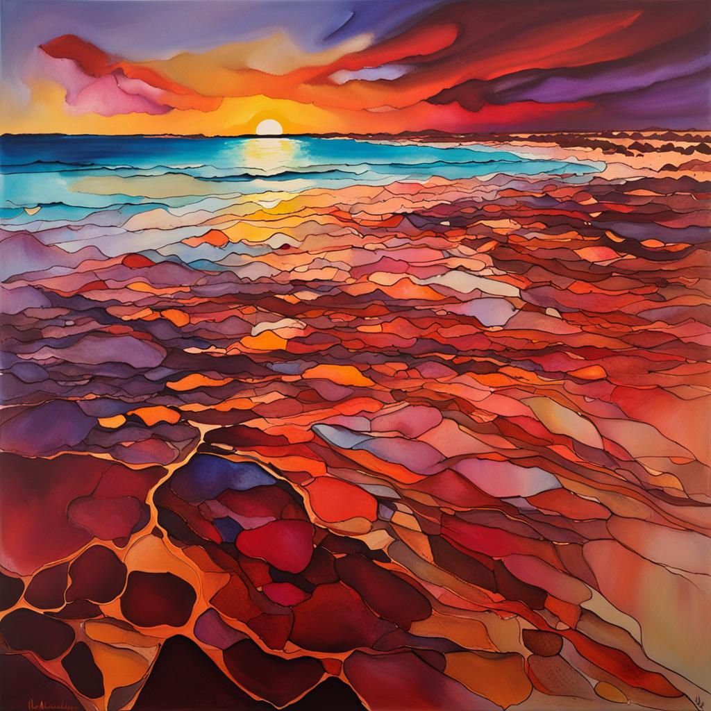 Ningaloo Coast Sunset in Alcohol Ink Style