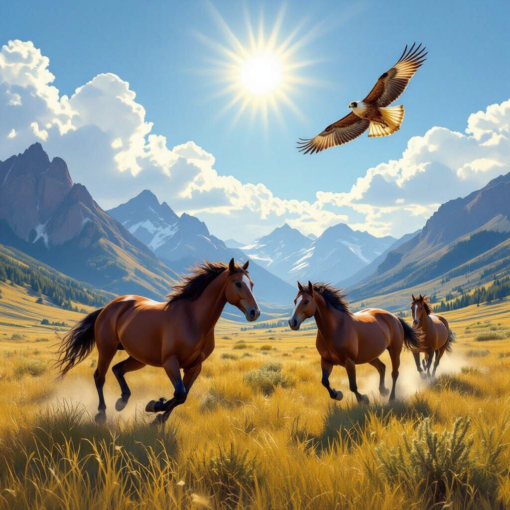 Majestic Horses Gallop Through Mountain Fields in Digital Pa...