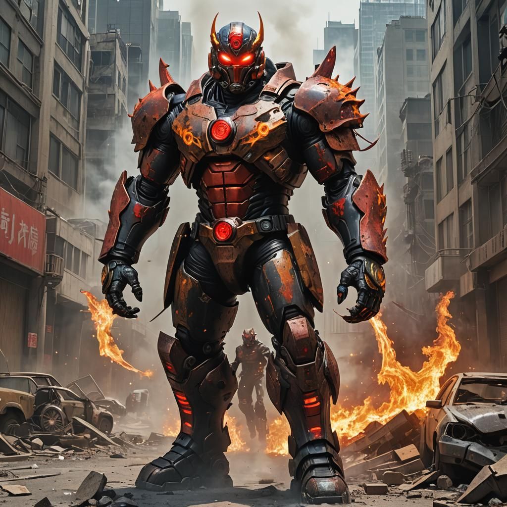 Cyborg Warrior Emerges from Apocalyptic City in Sci-Fi Style