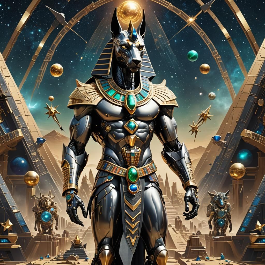 Futuristic Anubis Builds Pyramid in Space, 3D Render