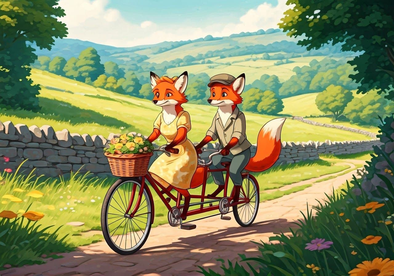 Whimsical Foxes Ride a Vintage Tandem Bicycle Through Englis...