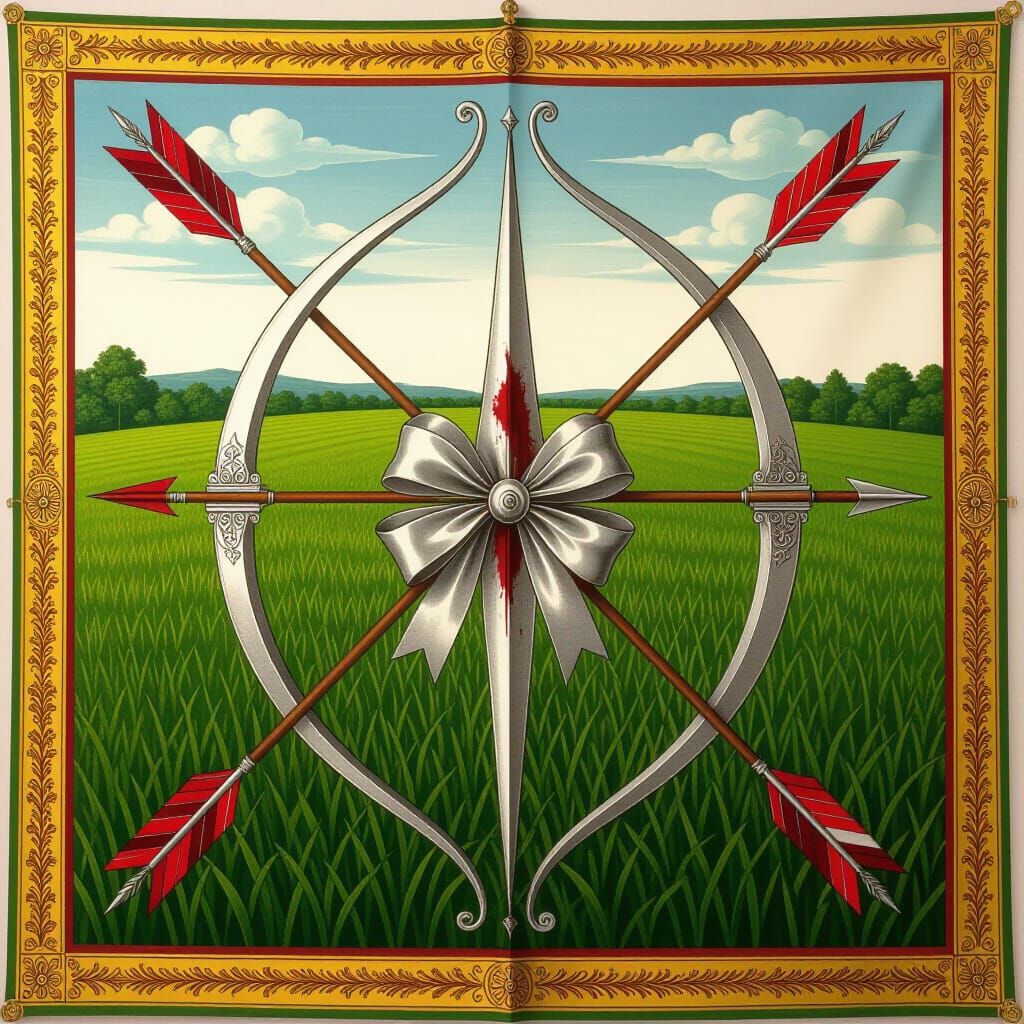 Renaissance Heraldry Banner with Silver Bow and Crimson Arro...