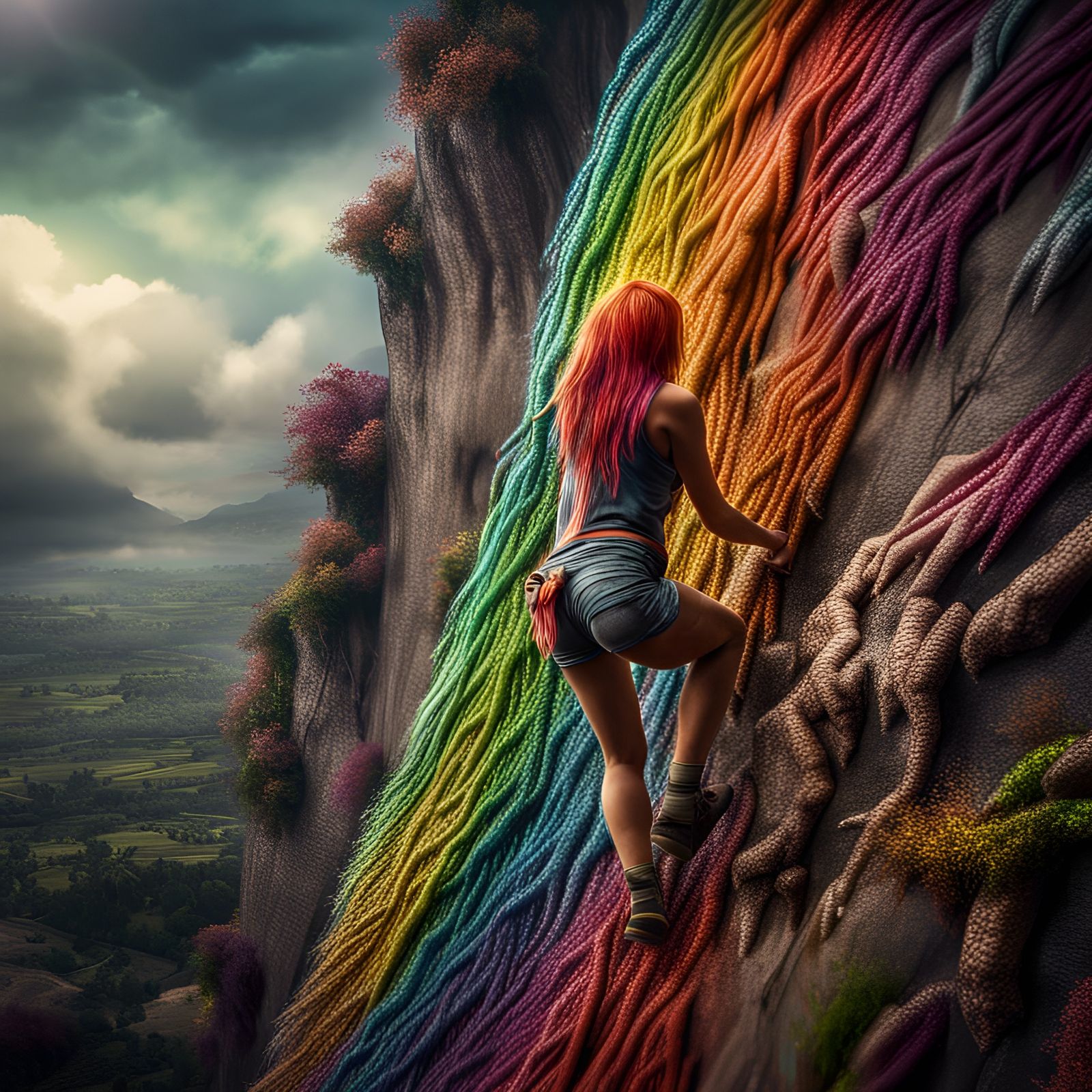 Girl Climbing Rainbow in Pandora: Hyperrealistic Image